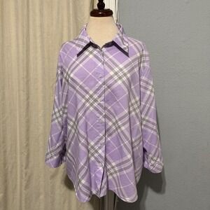 Alfred Dunner Women Plaid Button Up Shirt Blouse Top Plus Size 20W Lavender Gray